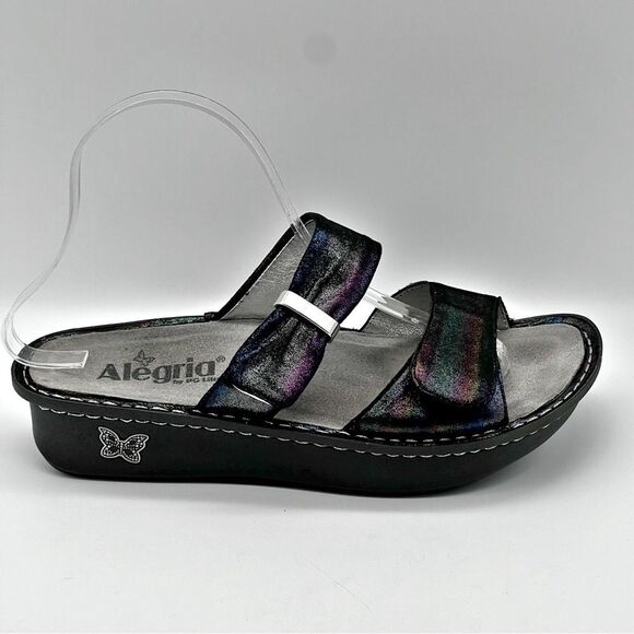 Alegria Karmen Black Metallic Rainbow Leather Slip On Slide Platform Sandals 38 - Picture 1 of 13